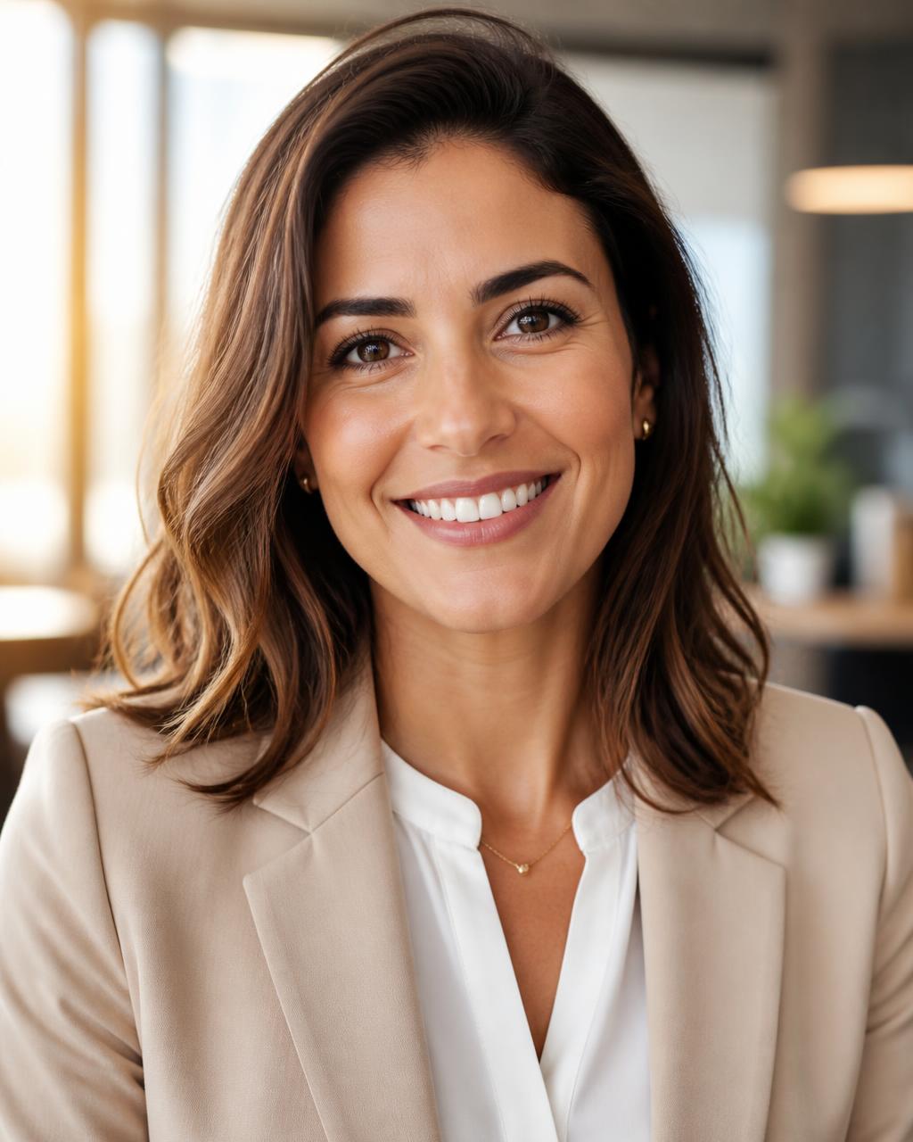 Consultora de crédito do Grupo GWF Cred sorrindo em escritório aquecido pela luz natural
